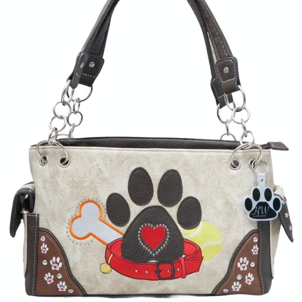 Dog Paw Print Purse for Women Western Style Handbag Shoulder Bag Pet Mom Beige